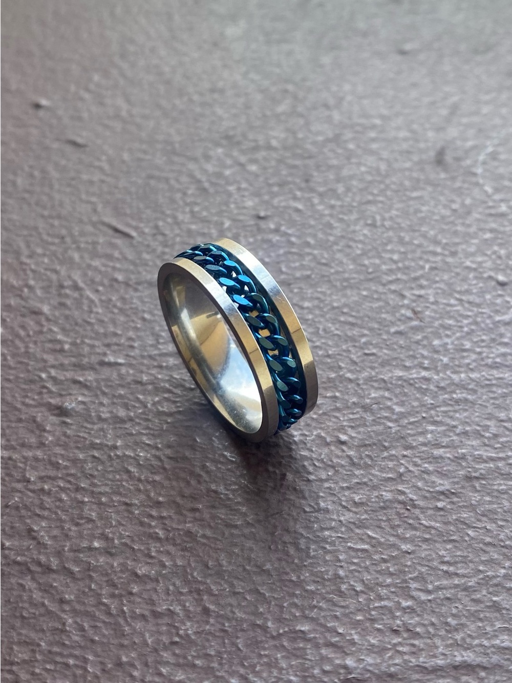 Blue Chain Link Inlay Spinner Ring Stainless Steel Size 14